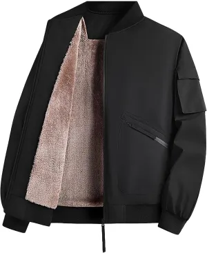 Mens Fleece Bomber Jacket Casual Plaid Jacquard Varsity Jacket Coat Zipper Pockets Windbreaker Softshell Jacket