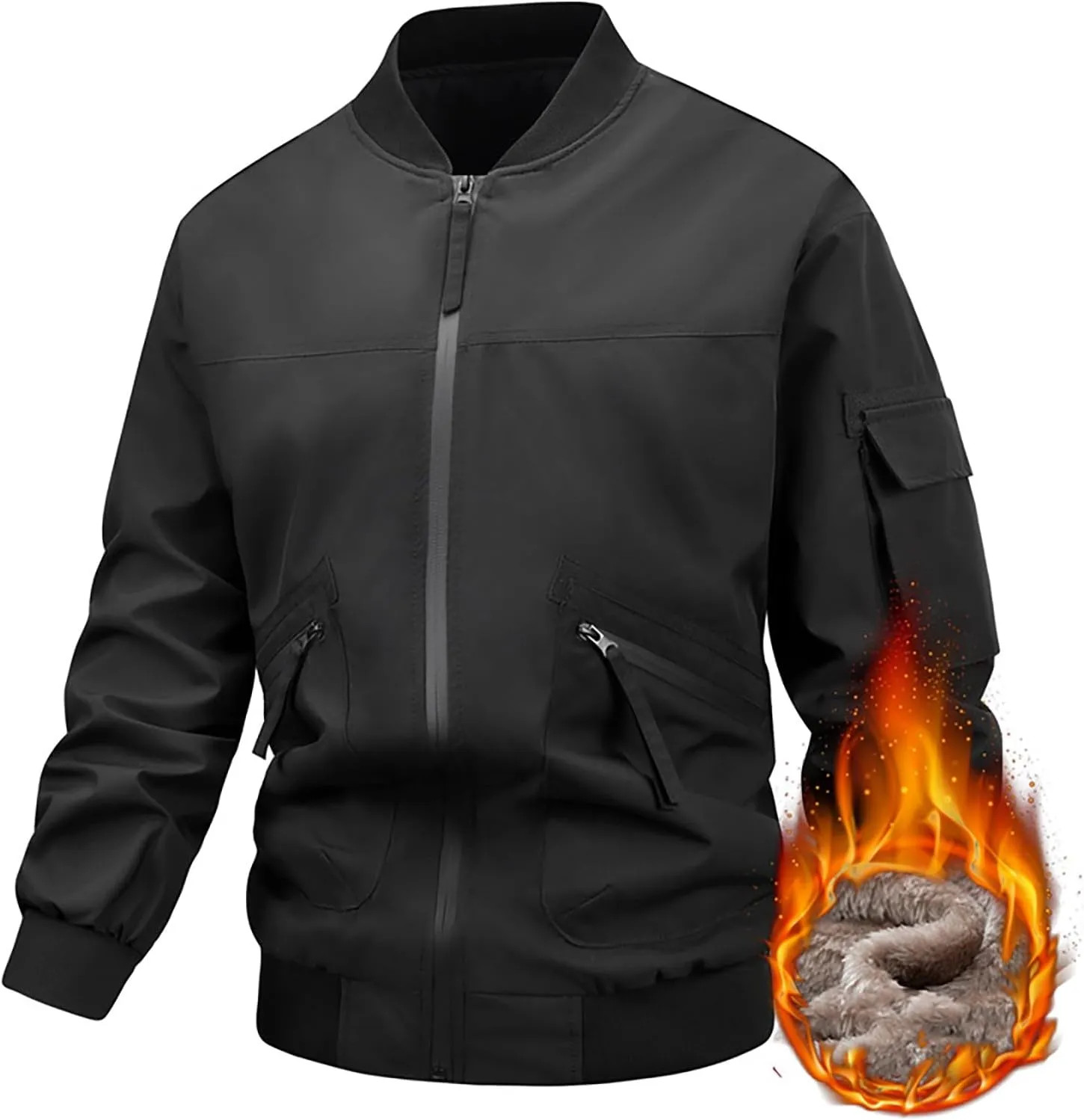 Mens Fleece Bomber Jacket Casual Plaid Jacquard Varsity Jacket Coat Zipper Pockets Windbreaker Softshell Jacket