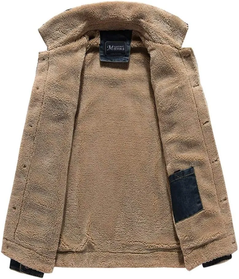 Men's Fleece Lined Denim Hoodie Jacket Casual Long Sleeve Button Down Trucker Coat Winter Warm Fleece Jean Jackets