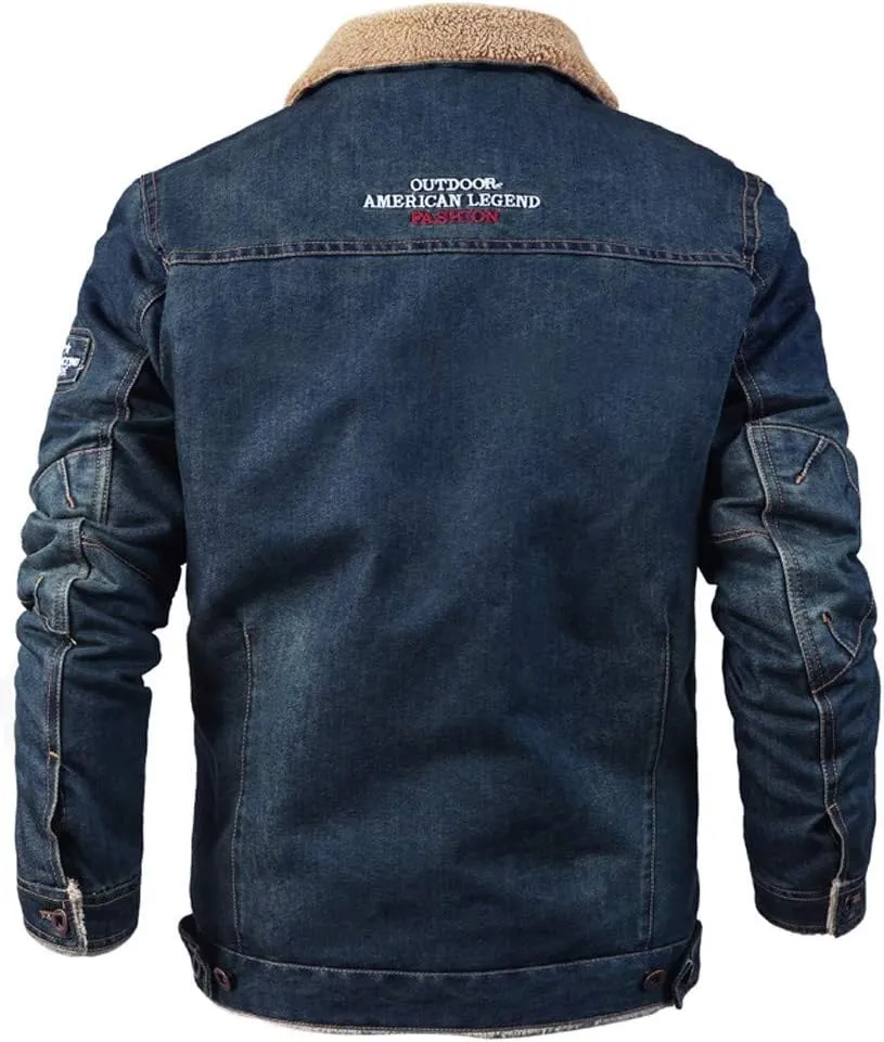 Men's Fleece Lined Denim Hoodie Jacket Casual Long Sleeve Button Down Trucker Coat Winter Warm Fleece Jean Jackets