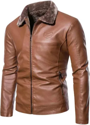 Mens Leather Jacket Fleece Lined Motorcycle Jacket Stand Collar Moto Jacket Vintage Faux Leather Jacket Warm Coats