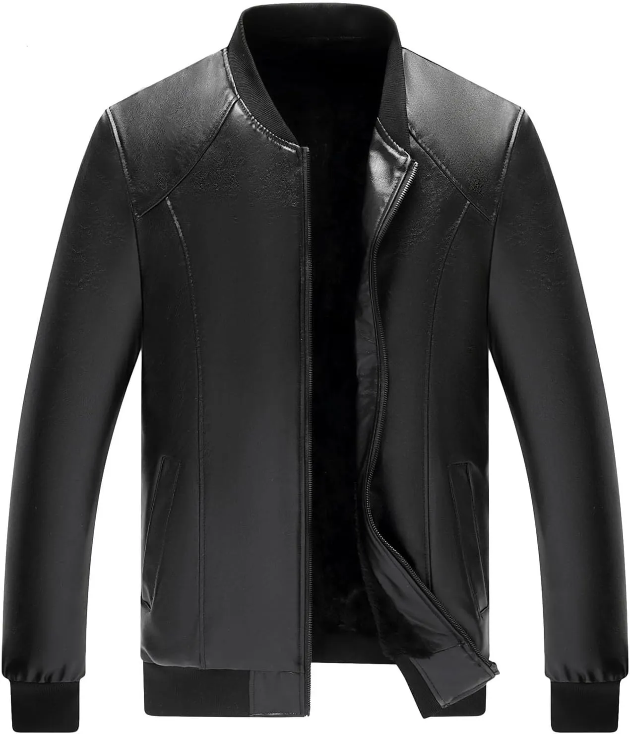 Mens Leather Jacket Fleece Lined Motorcycle Jacket Stand Collar Winter Coat Waterproof Biker Jacket Casual Warm Jacket