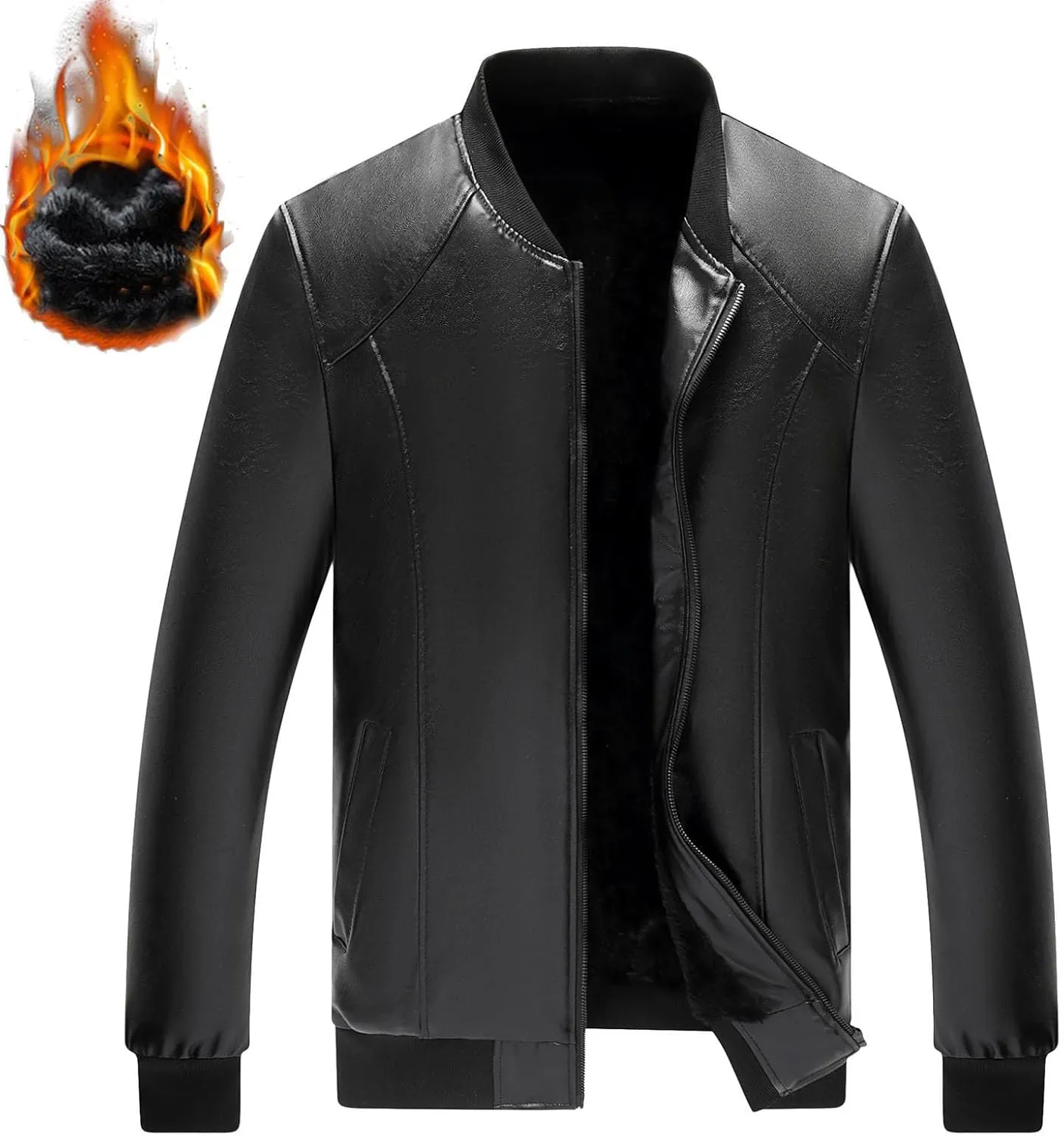 Mens Leather Jacket Fleece Lined Motorcycle Jacket Stand Collar Winter Coat Waterproof Biker Jacket Casual Warm Jacket