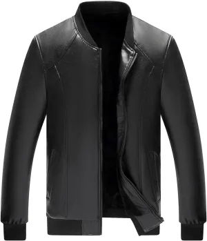 Mens Leather Jacket Fleece Lined Motorcycle Jacket Stand Collar Winter Coat Waterproof Biker Jacket Casual Warm Jacket