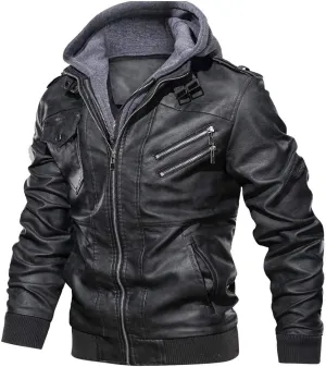 Mens Leather Jacket Winter Vintage Zipper Hoodie Color Imitation Leather Coat