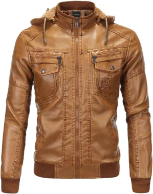 Men'S Leather Jacket Winter Vintage Zipper Hoodie Color Imitation Leather Coat
