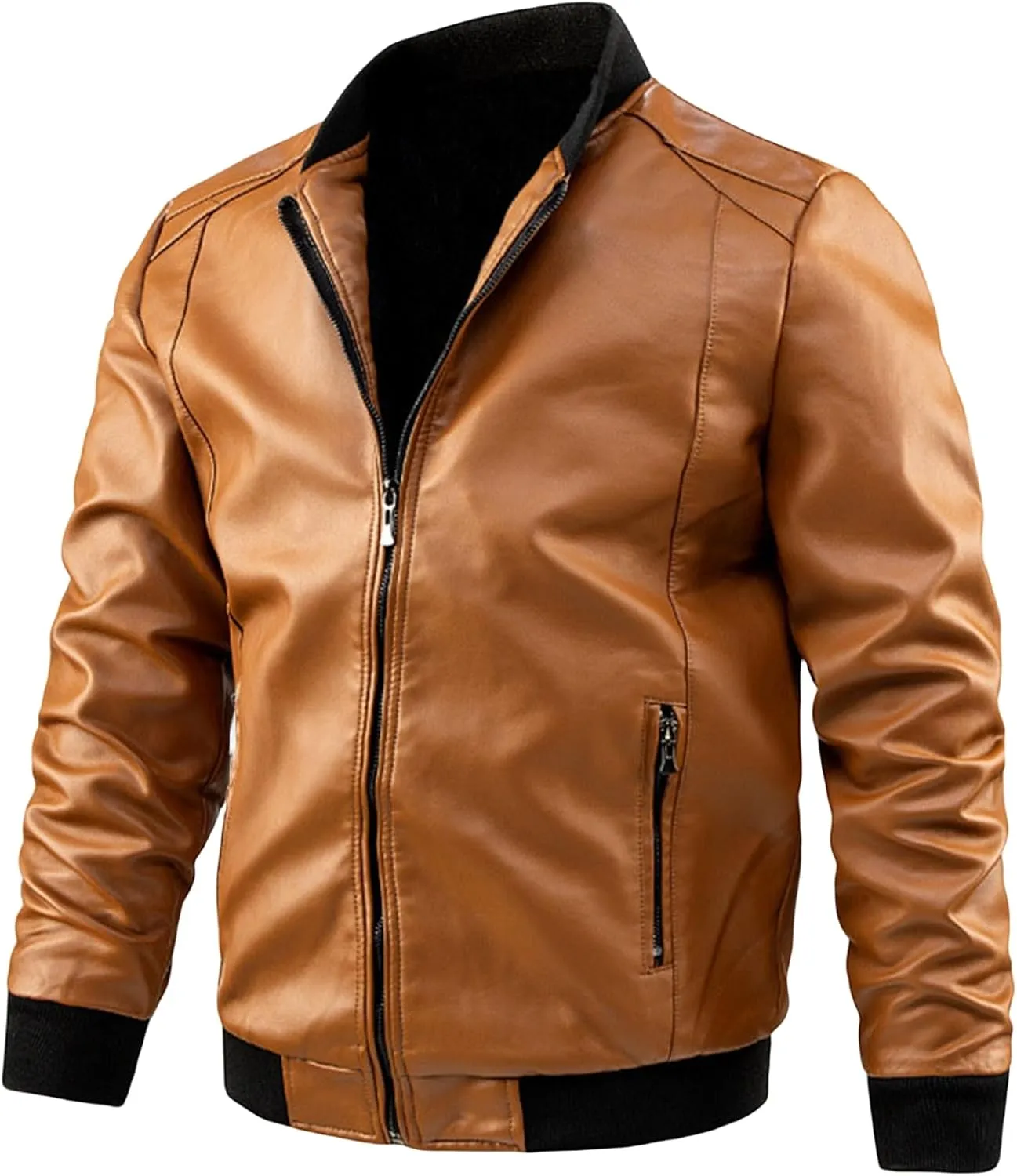Mens Lightweight Faux Leather Bomber Jacket Padded Windbreaker with Hood for Motorcycle Bikers
