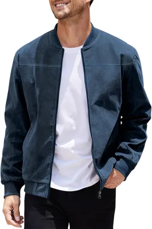 Mens Lightweight Jacket Flight Bomber Jacket Suede Full Zip Casual Softshell Jacket Outwear Pockets Thin Windbreaker