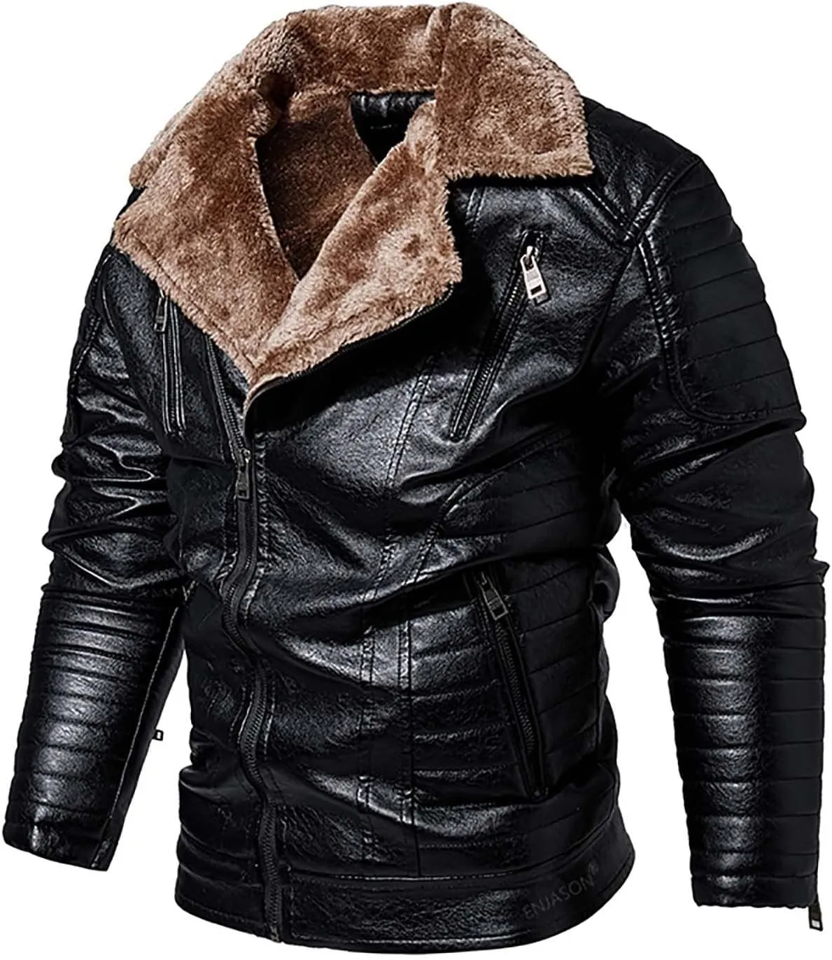 Men's Motorcycle Leather Jacket Fleece Lined Winter Warm Biker Trucker Coat