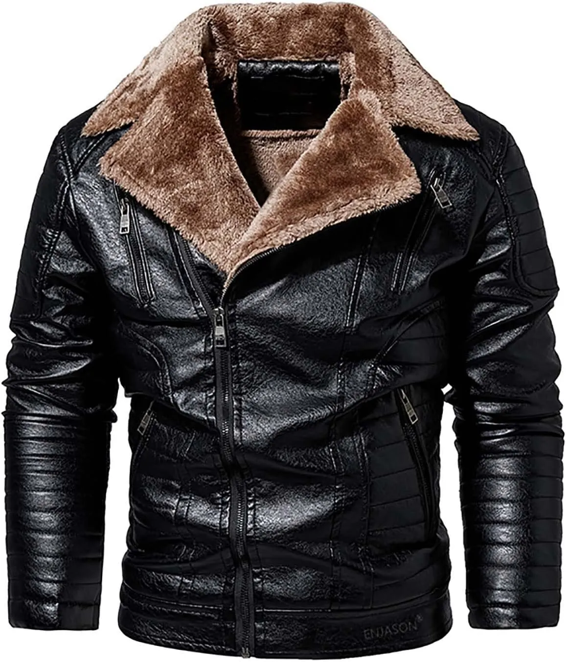 Men's Motorcycle Leather Jacket Fleece Lined Winter Warm Biker Trucker Coat