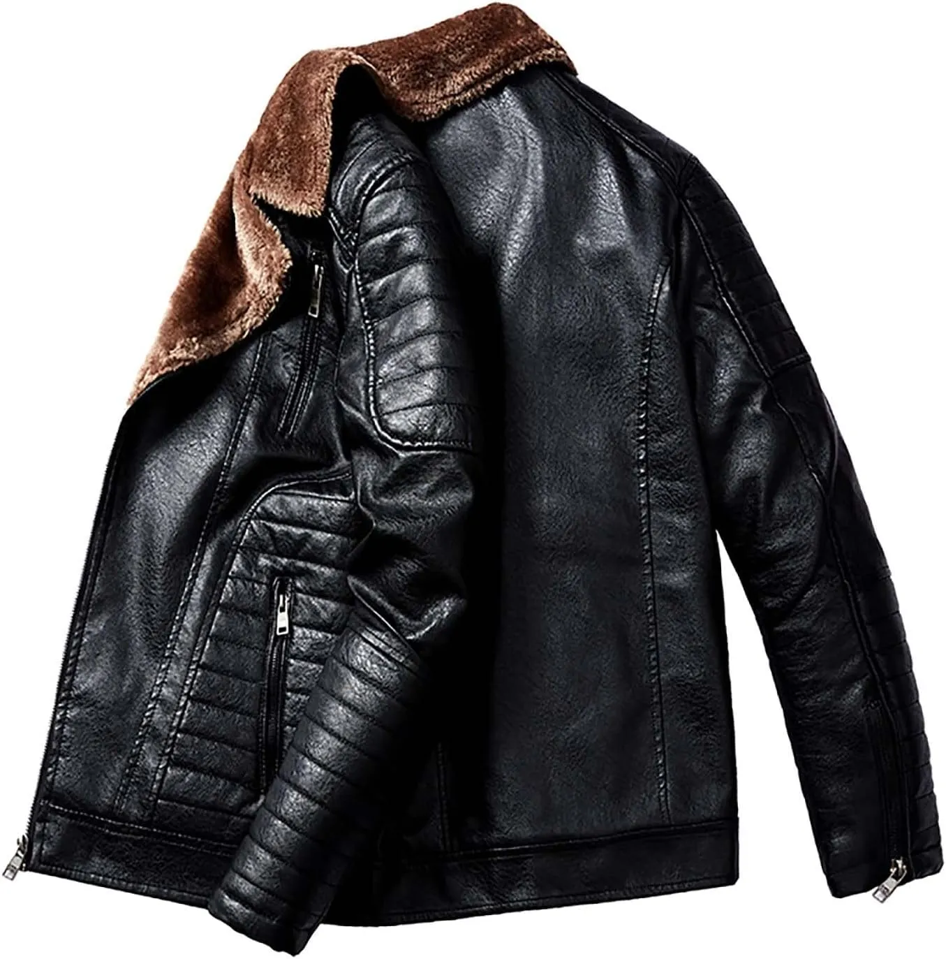 Men's Motorcycle Leather Jacket Fleece Lined Winter Warm Biker Trucker Coat