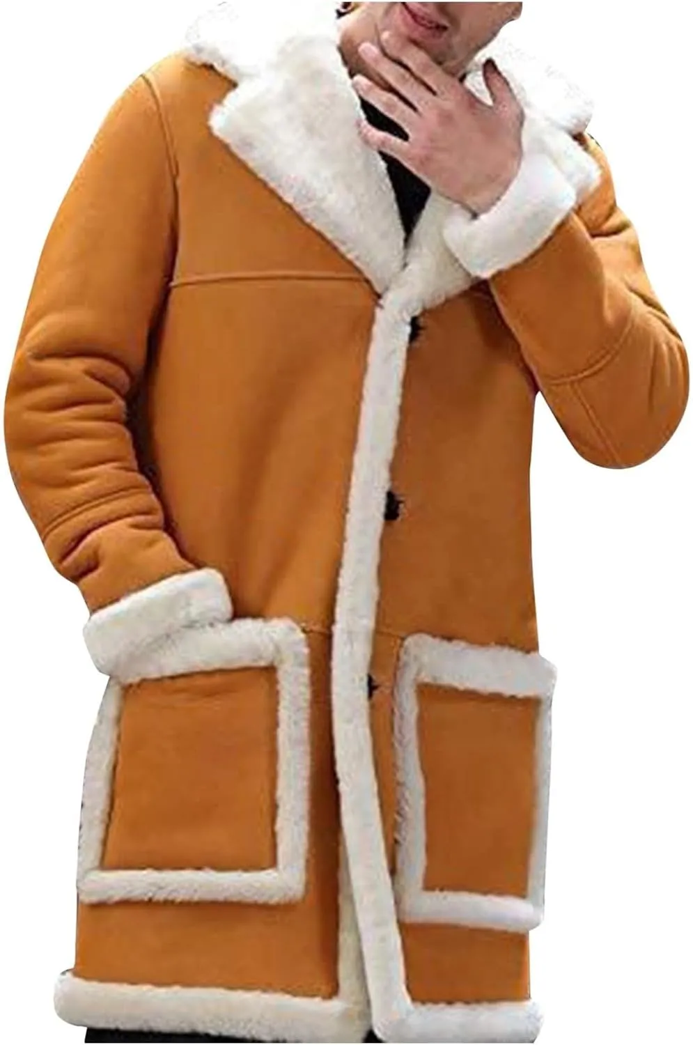 Mens Sherpa Fur Coat Fleece Lined Leather Jacket Faux Sheepskin Jacket Men Winter Medium and Long Fuzzy Coat Sweaters