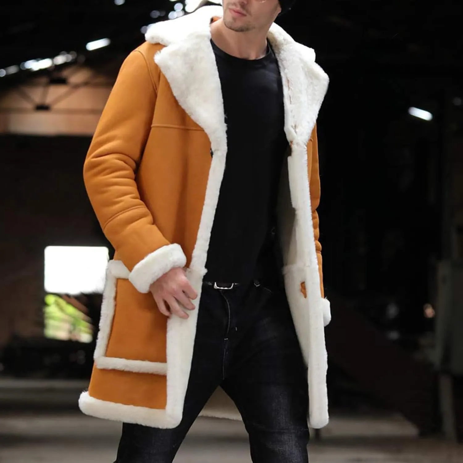 Mens Sherpa Fur Coat Fleece Lined Leather Jacket Faux Sheepskin Jacket Men Winter Medium and Long Fuzzy Coat Sweaters