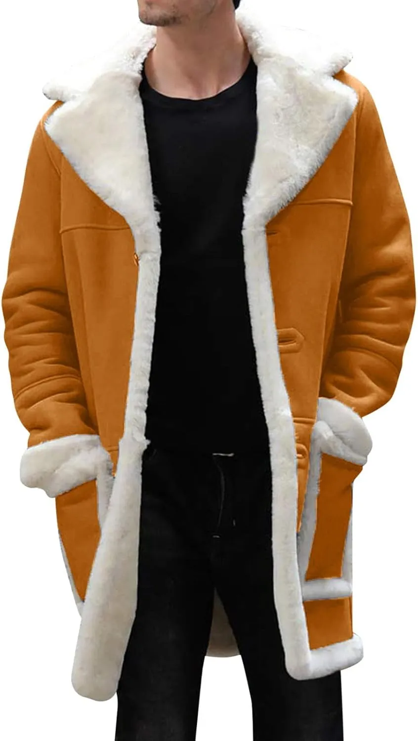 Mens Sherpa Fur Coat Fleece Lined Leather Jacket Faux Sheepskin Jacket Men Winter Medium and Long Fuzzy Coat Sweaters