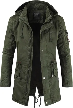 Men's Spring Military Full-Zip Removable Hooded Cotton Mid-Long Parka Jacket Coat Lightweight Cargo Outerwear