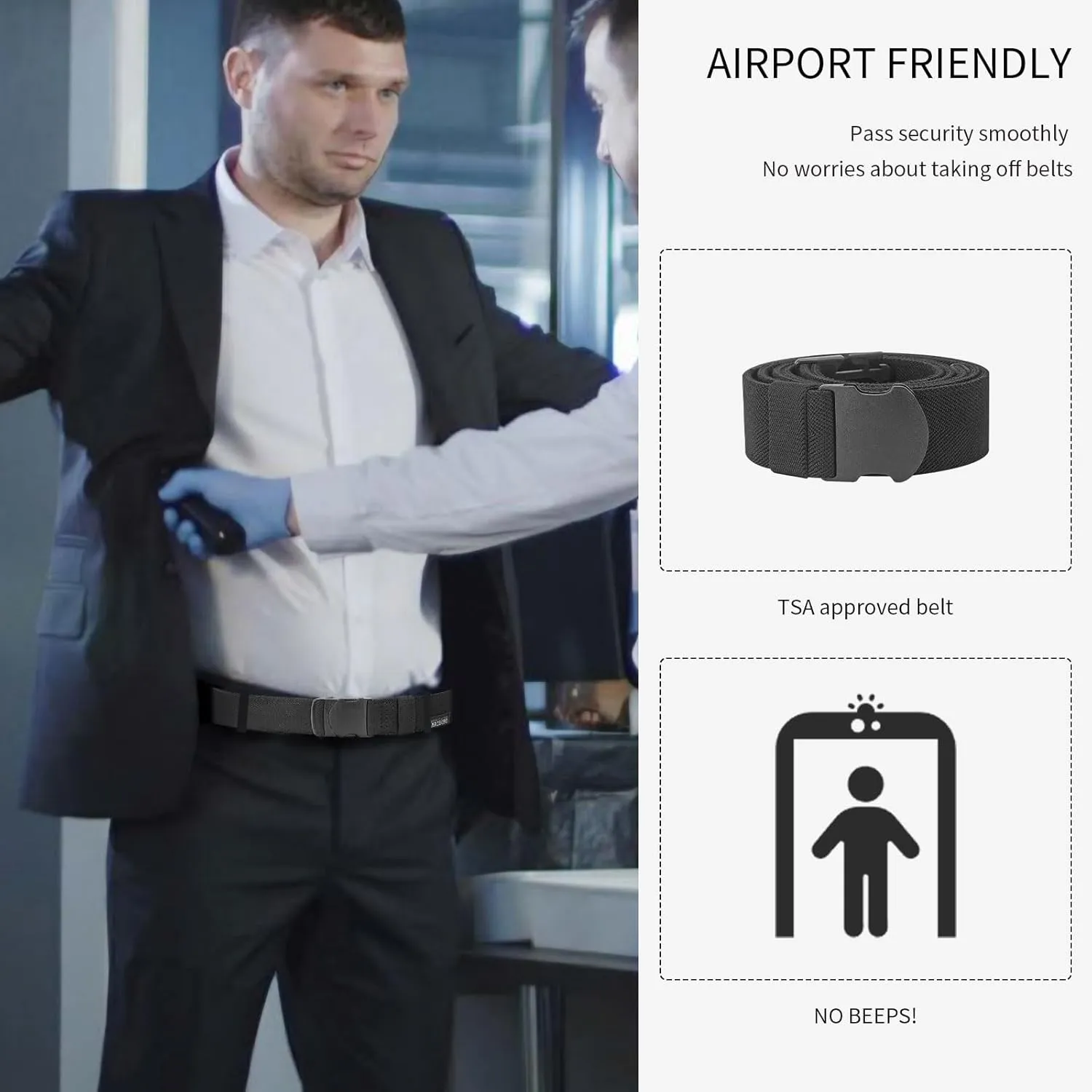 Men's Stretchable Elastic Belt, Nickel-Free TSA Approved Non-Metal Belt, Big and Tall Hypoallergenic Belt