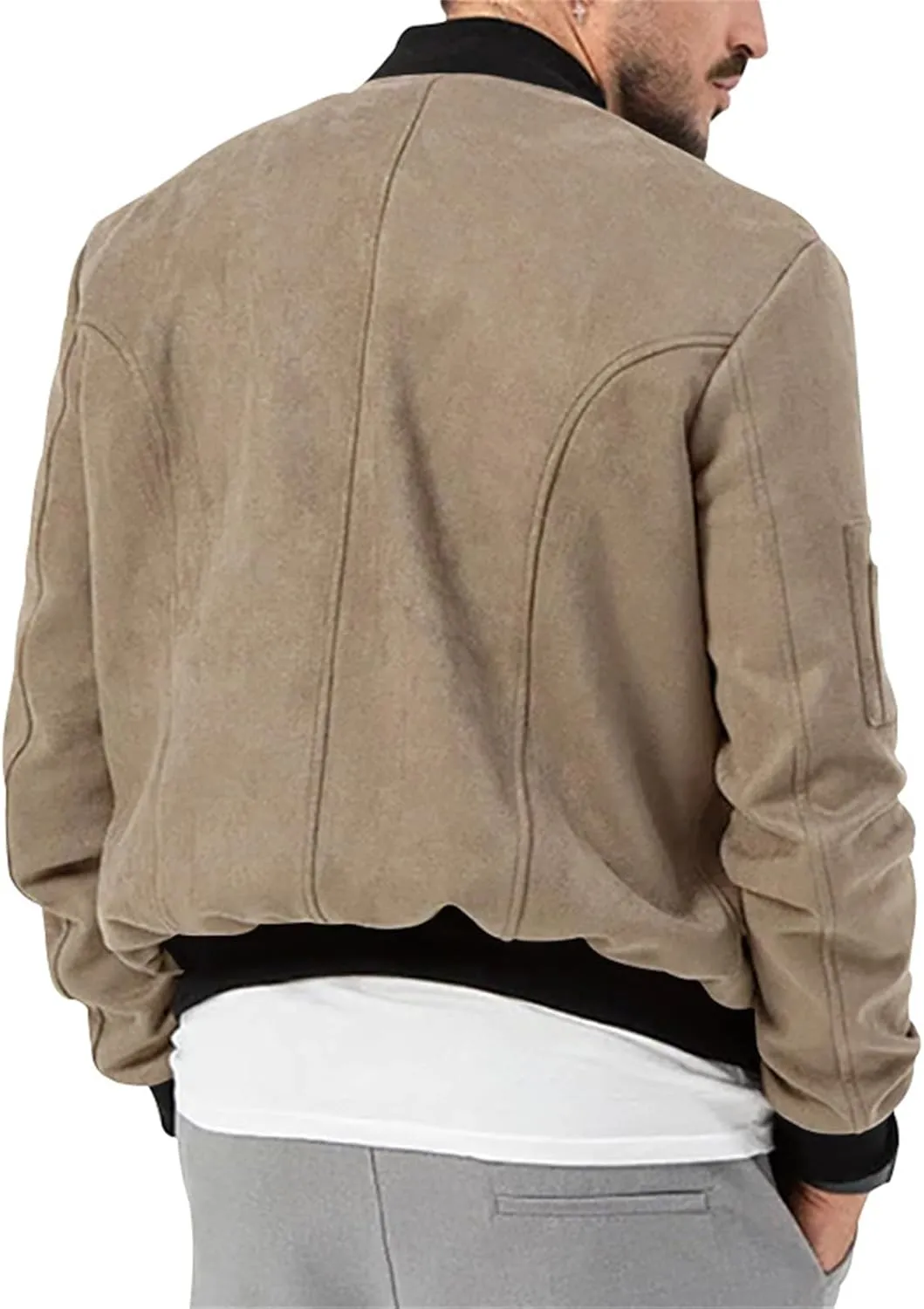 Mens Suede Bomber Jacket Lightweight Classic Fit Snap Button Down Varsity Coat Casual Spring Fall Windbreaker