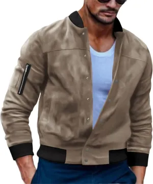 Mens Suede Bomber Jacket Lightweight Classic Fit Snap Button Down Varsity Coat Casual Spring Fall Windbreaker