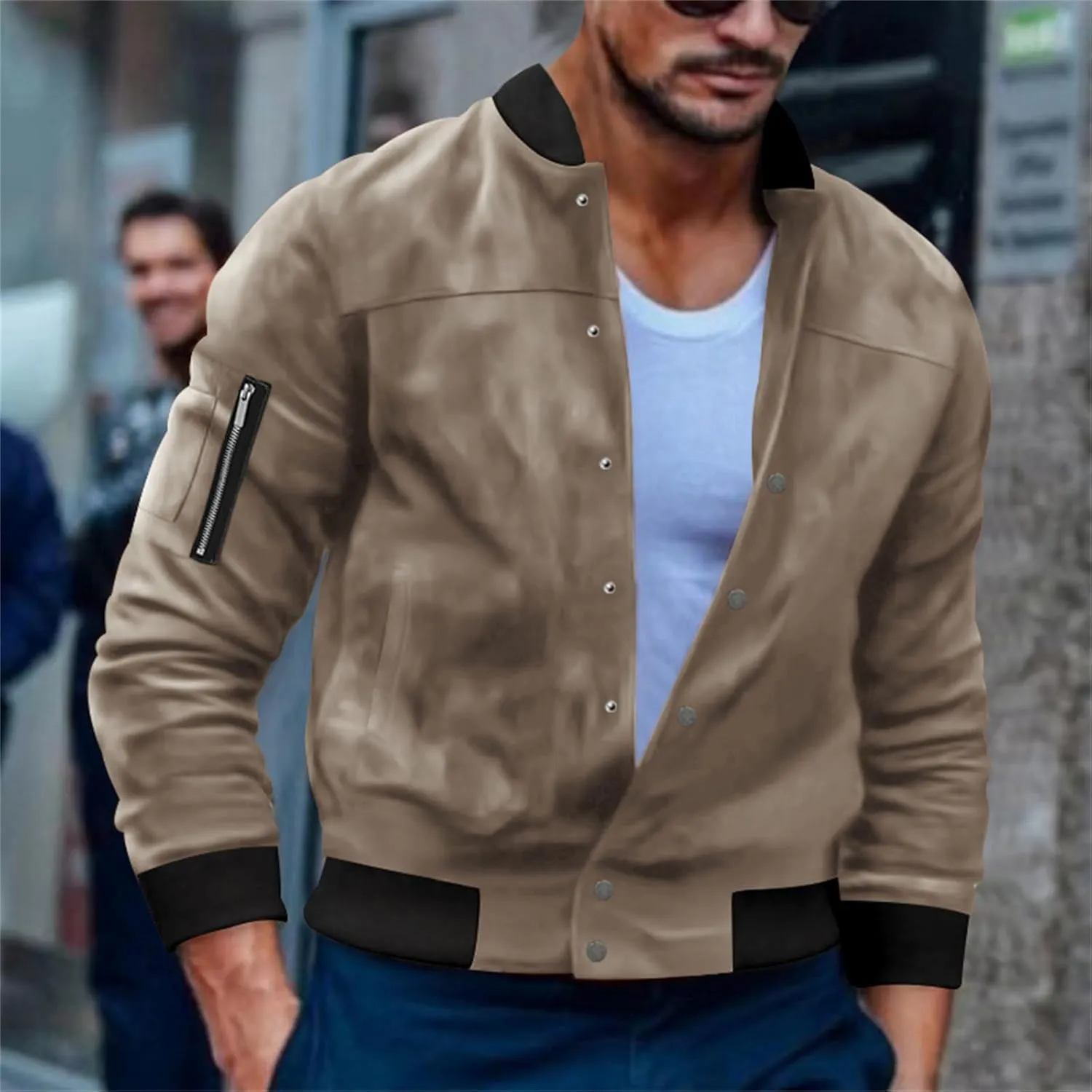 Mens Suede Bomber Jacket Lightweight Classic Fit Snap Button Down Varsity Coat Casual Spring Fall Windbreaker