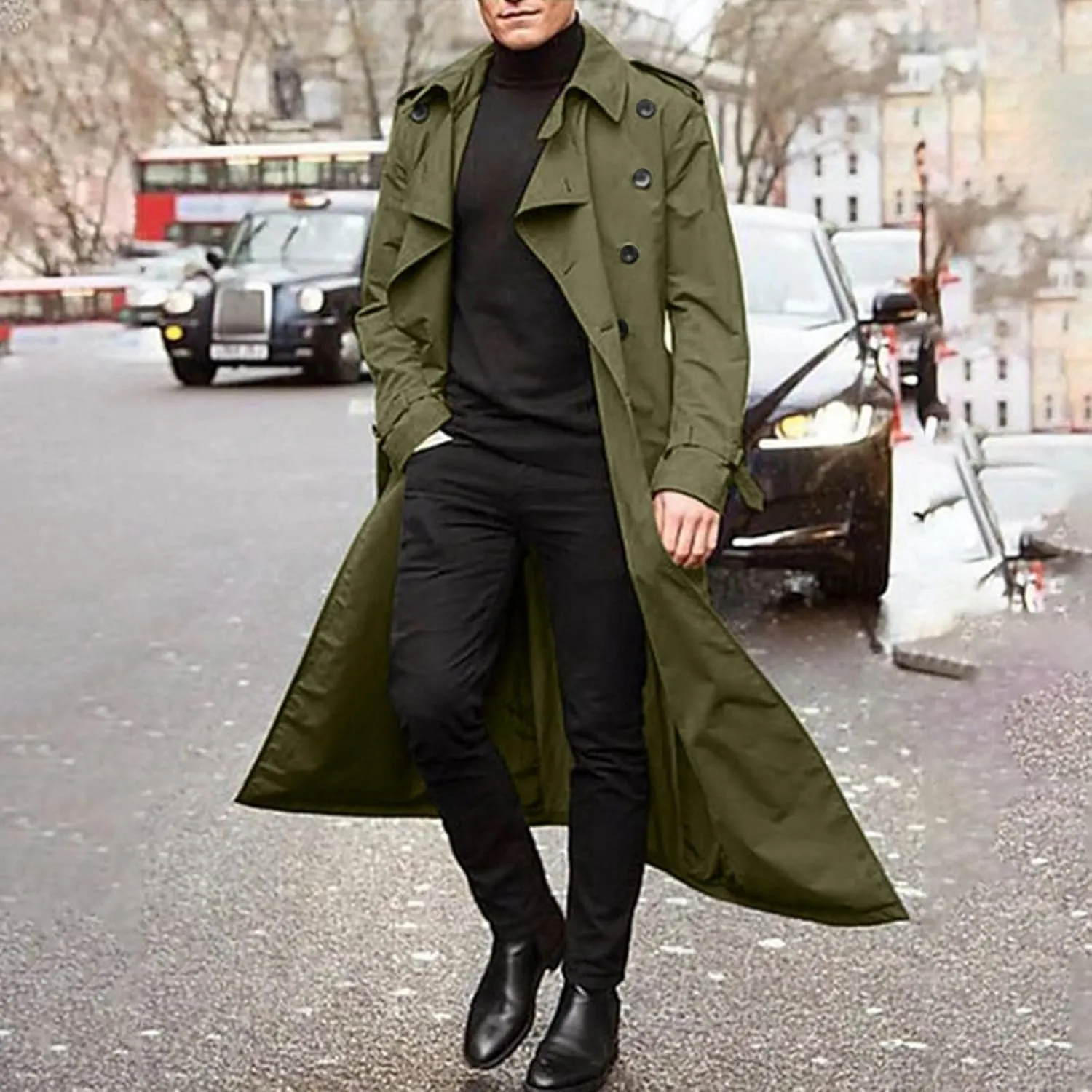 Mens Trench Coats Notched Lapel Double Breasted Full Length Windbreaker Casual Lightweight Thin Belt Jacket Overcoat