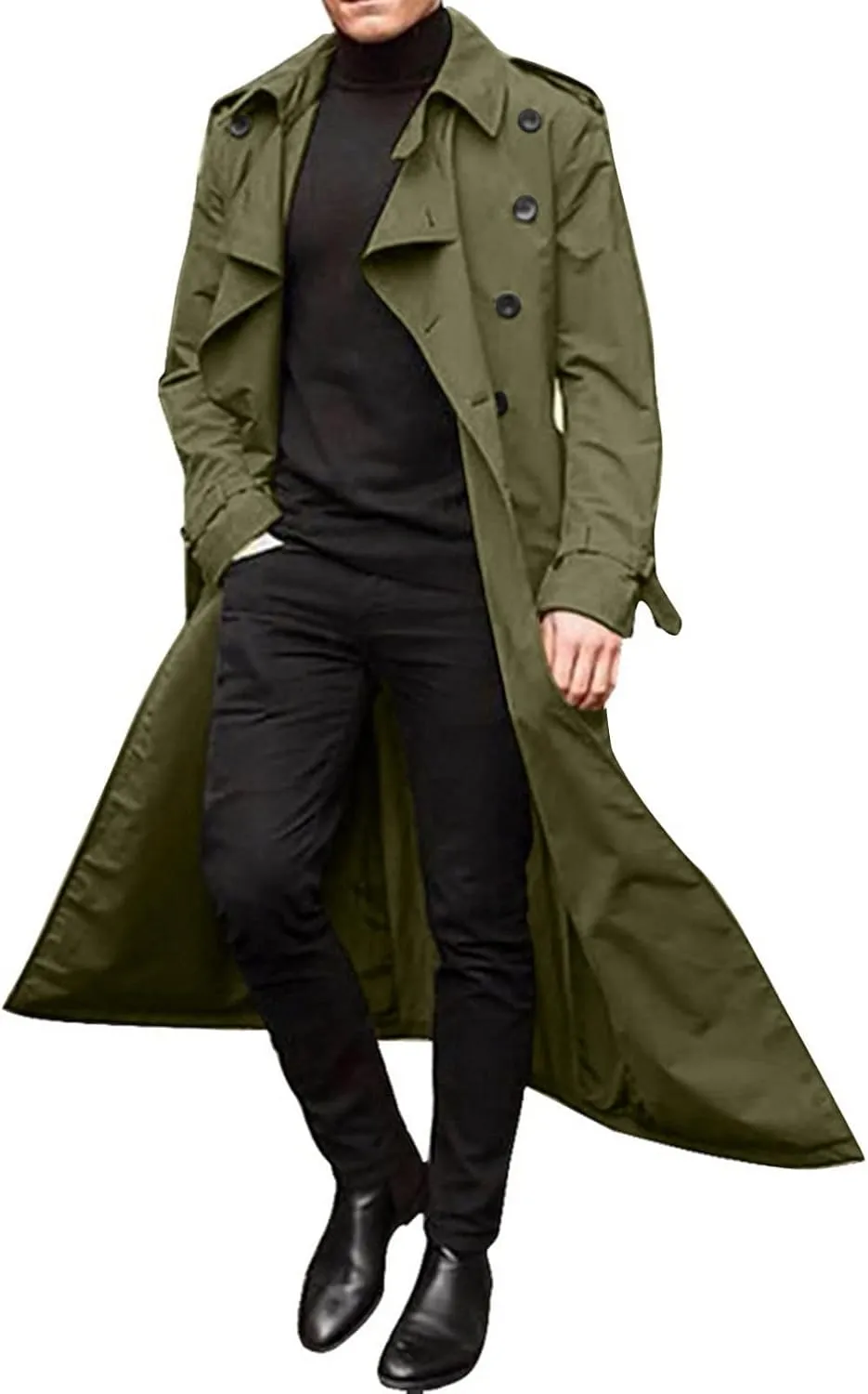 Mens Trench Coats Notched Lapel Double Breasted Full Length Windbreaker Casual Lightweight Thin Belt Jacket Overcoat