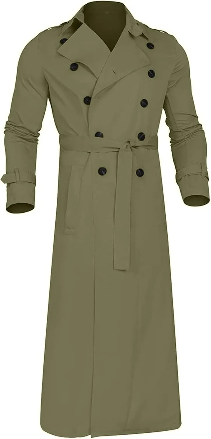 Mens Trench Coats Notched Lapel Double Breasted Full Length Windbreaker Casual Lightweight Thin Belt Jacket Overcoat