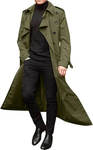 Mens Trench Coats Notched Lapel Double Breasted Full Length Windbreaker Casual Lightweight Thin Belt Jacket Overcoat