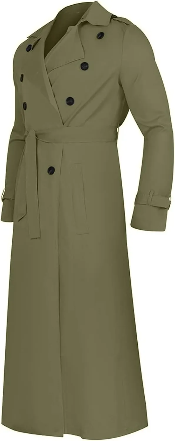 Mens Trench Coats Notched Lapel Double Breasted Full Length Windbreaker Casual Lightweight Thin Belt Jacket Overcoat