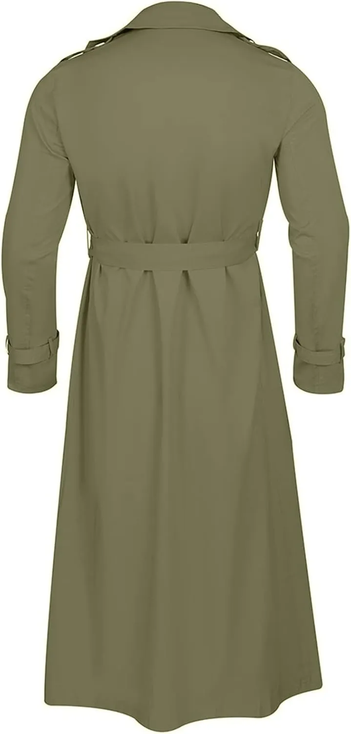 Mens Trench Coats Notched Lapel Double Breasted Full Length Windbreaker Casual Lightweight Thin Belt Jacket Overcoat