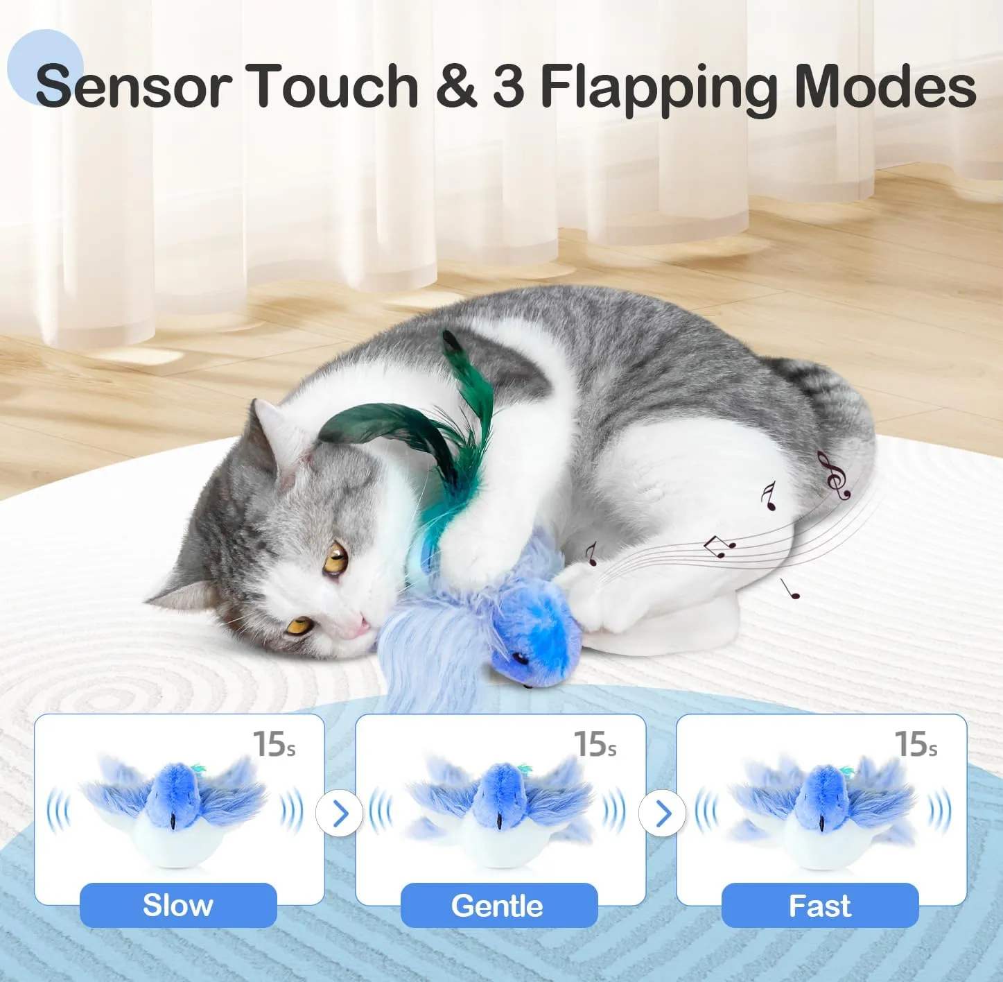 Migipaws Cat Toys,Interactive Lifelike Robin Flapping Bird with Catnip, Feathers Hanging by Elastic String, Automatic Chirping Kitten Toys for Indoor Cats Self Play, Rechargeable(Blue)