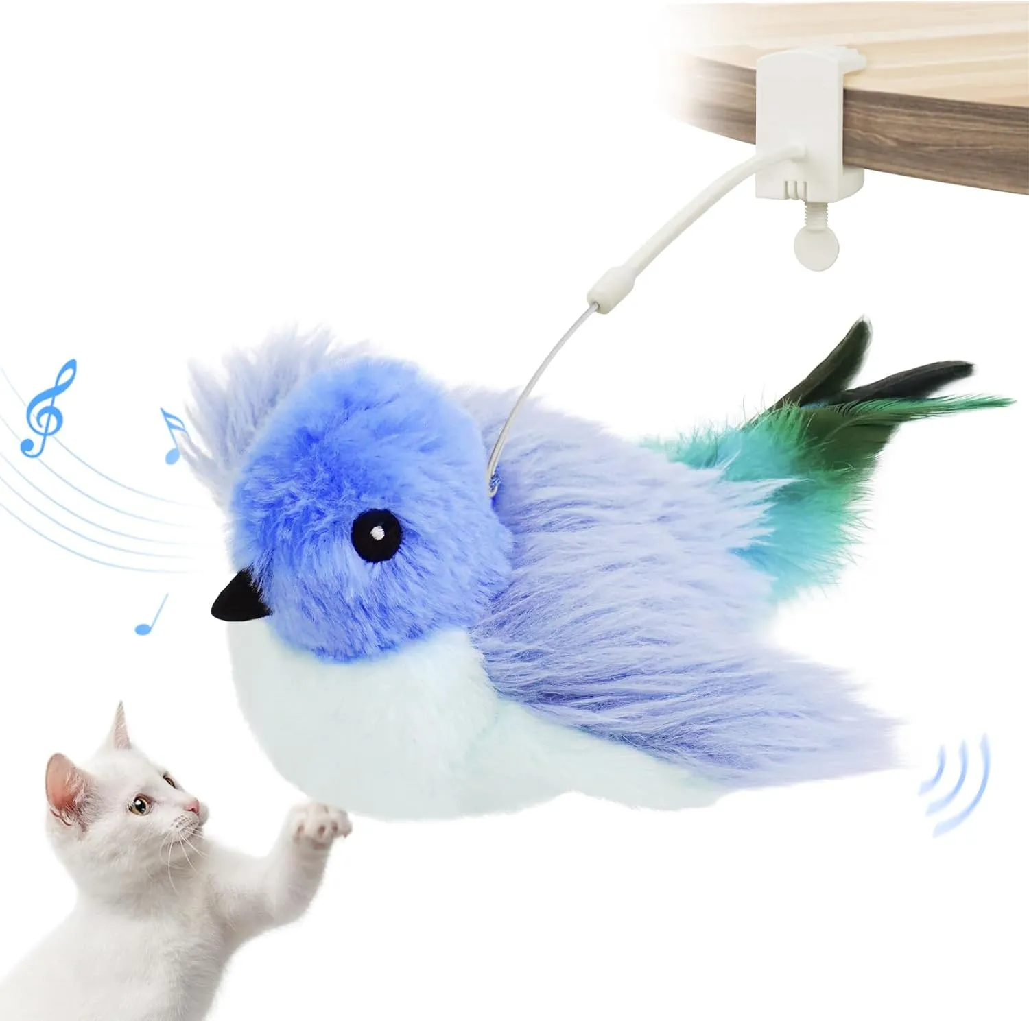 Migipaws Cat Toys,Interactive Lifelike Robin Flapping Bird with Catnip, Feathers Hanging by Elastic String, Automatic Chirping Kitten Toys for Indoor Cats Self Play, Rechargeable(Blue)
