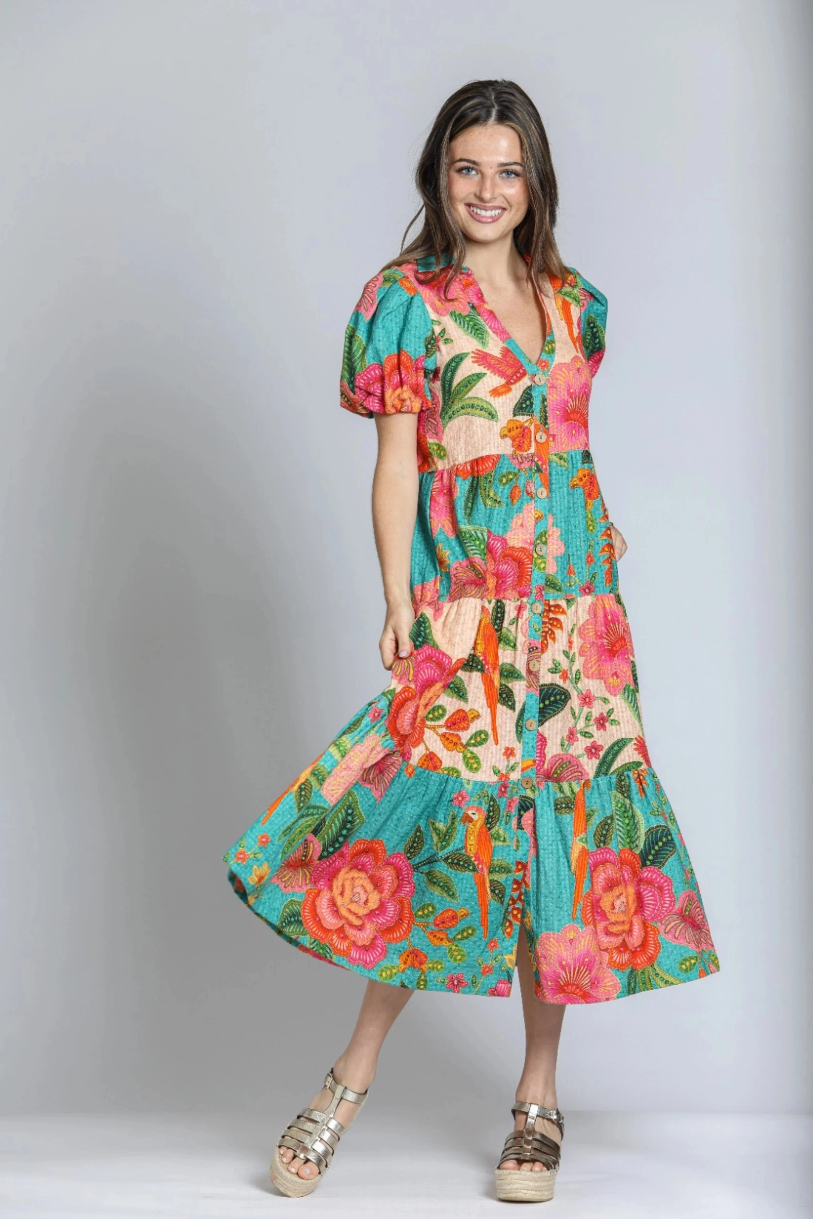 Mixed Print Tiered Dress