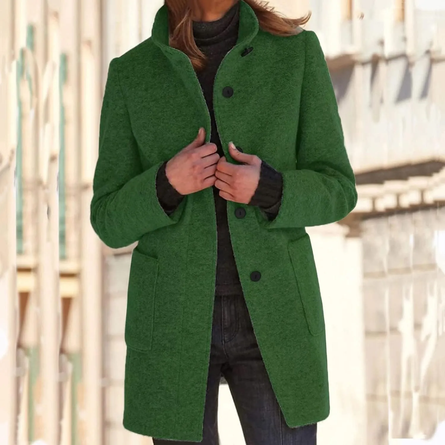 Mmoneyake Long Pea Coats for Women Fall Winter Wool Coats Casual Thicken Stand Collar Single Breasted Peacoat Blazer Jacket