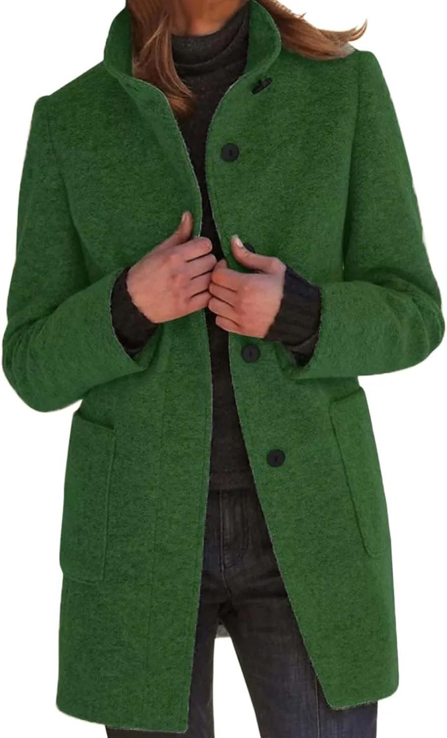 Mmoneyake Long Pea Coats for Women Fall Winter Wool Coats Casual Thicken Stand Collar Single Breasted Peacoat Blazer Jacket