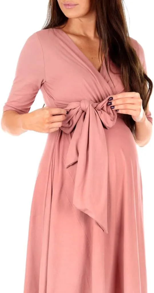 Mother Bee Maternity Knee Length Wrap Dress with Adjustable Belt