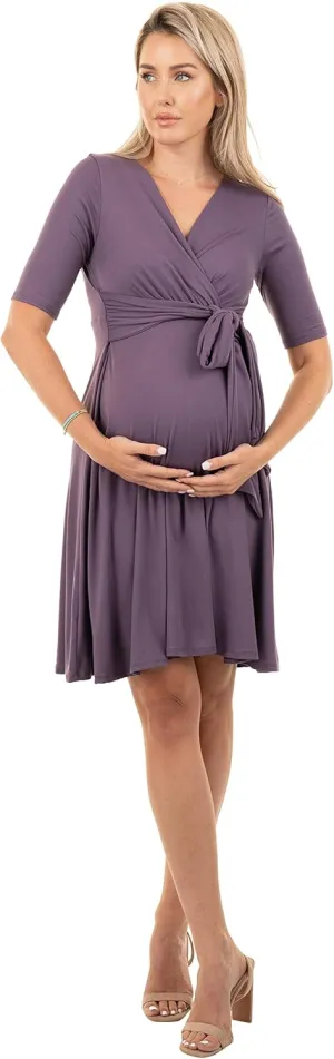 Mother Bee Maternity Knee Length Wrap Dress with Adjustable Belt