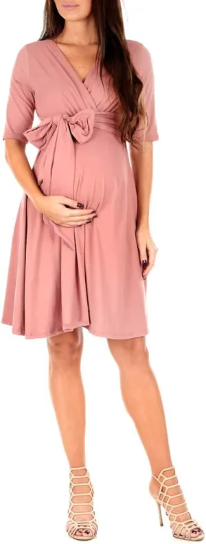 Mother Bee Maternity Knee Length Wrap Dress with Adjustable Belt