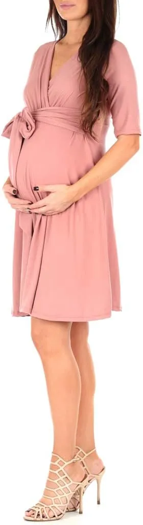 Mother Bee Maternity Knee Length Wrap Dress with Adjustable Belt