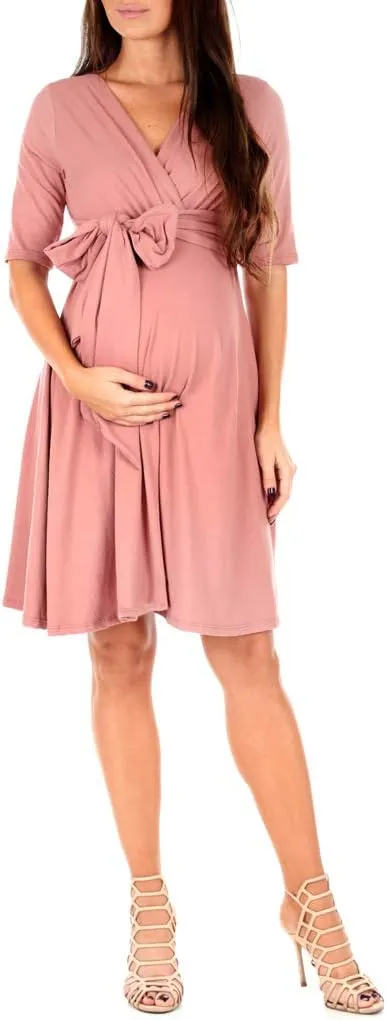 Mother Bee Maternity Knee Length Wrap Dress with Adjustable Belt