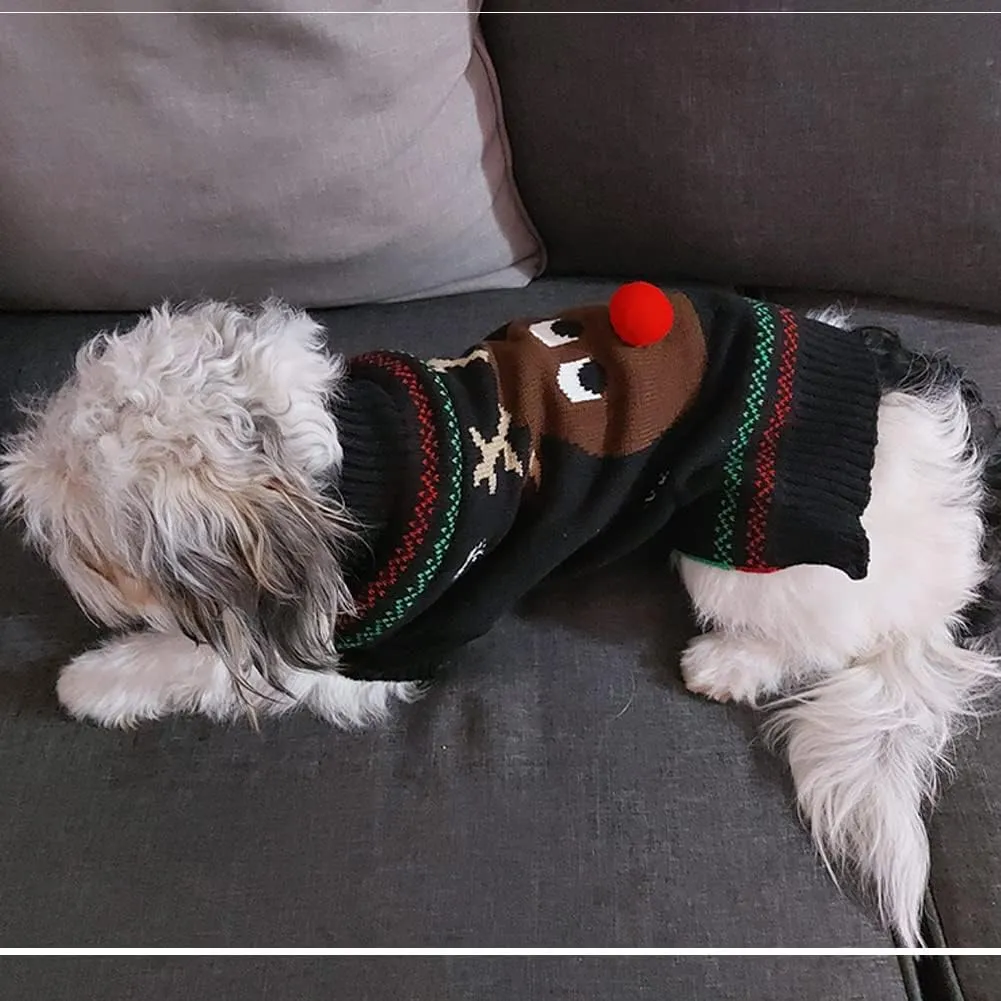 NACOCO Rudolph The Red Nosed Reindeer Sweater Pet Holiday Clothes Cat Sweater Dog Sweater Winter Clothing Teddy Poodle Autumn Winter Clothes Dog Clothes (Red Nose, XX-Small)