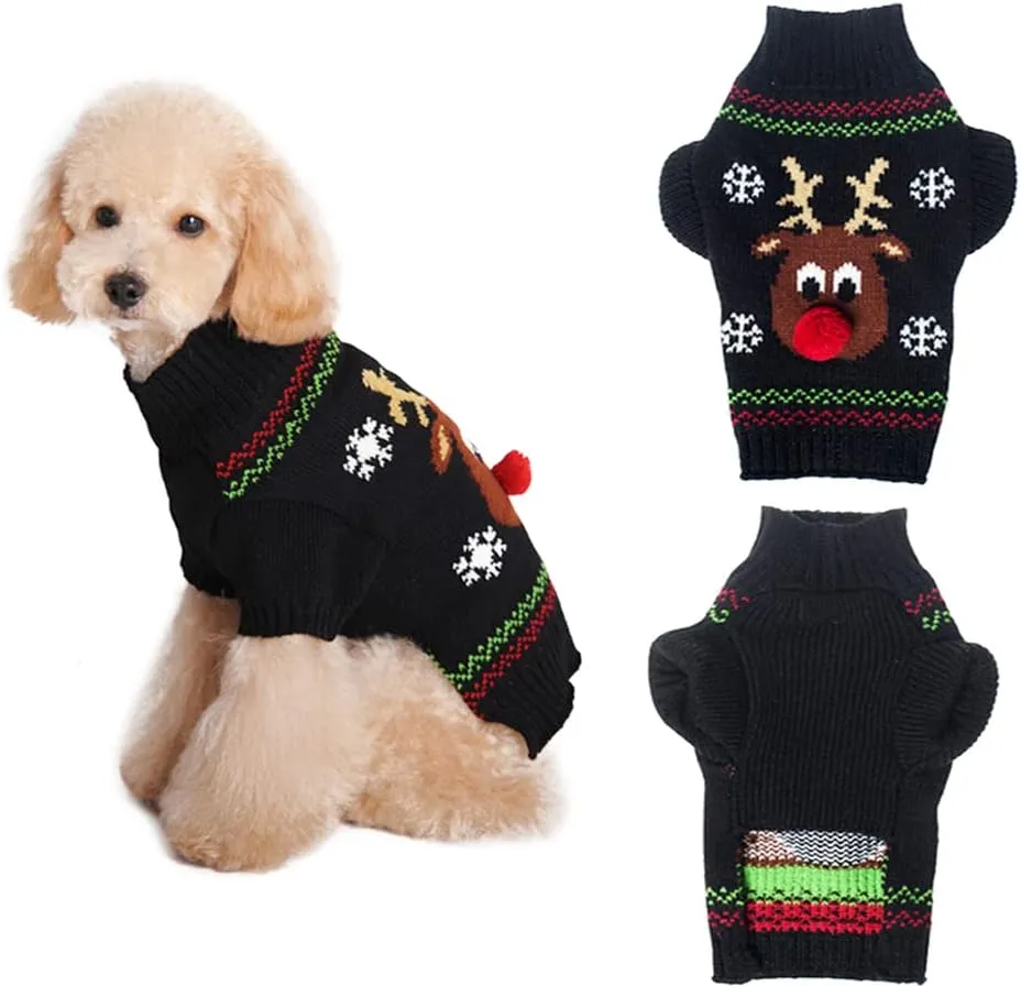 NACOCO Rudolph The Red Nosed Reindeer Sweater Pet Holiday Clothes Cat Sweater Dog Sweater Winter Clothing Teddy Poodle Autumn Winter Clothes Dog Clothes (Red Nose, XX-Small)