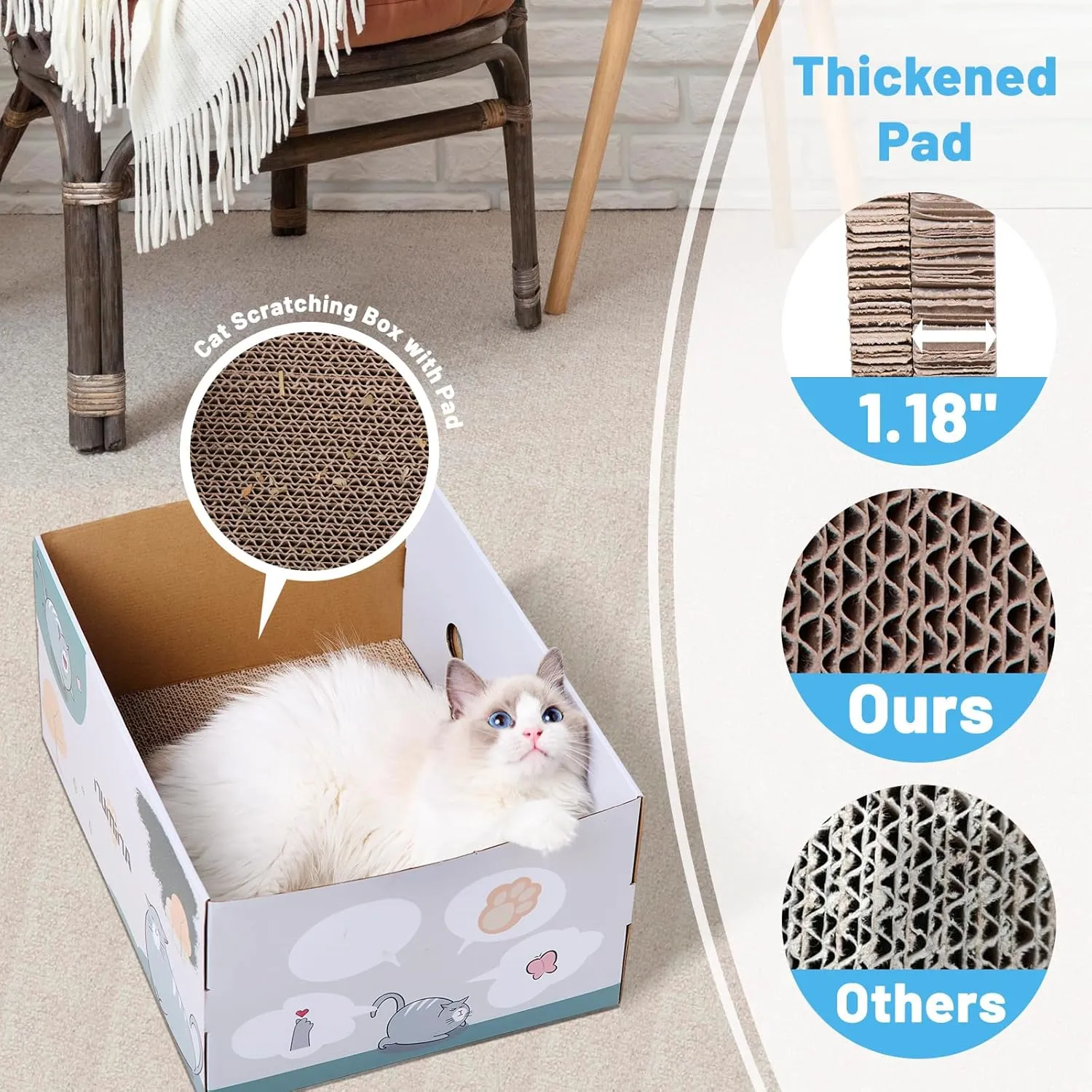 NUMINA Extra Large Cardboard Cat Scratcher Box for Indoor Cats, with Sturdy Refillable Double-Sided Cat Scratch Pad, Interesting and Cute Cat Scratch Bed with Catnip, 17"x13"x8.25"
