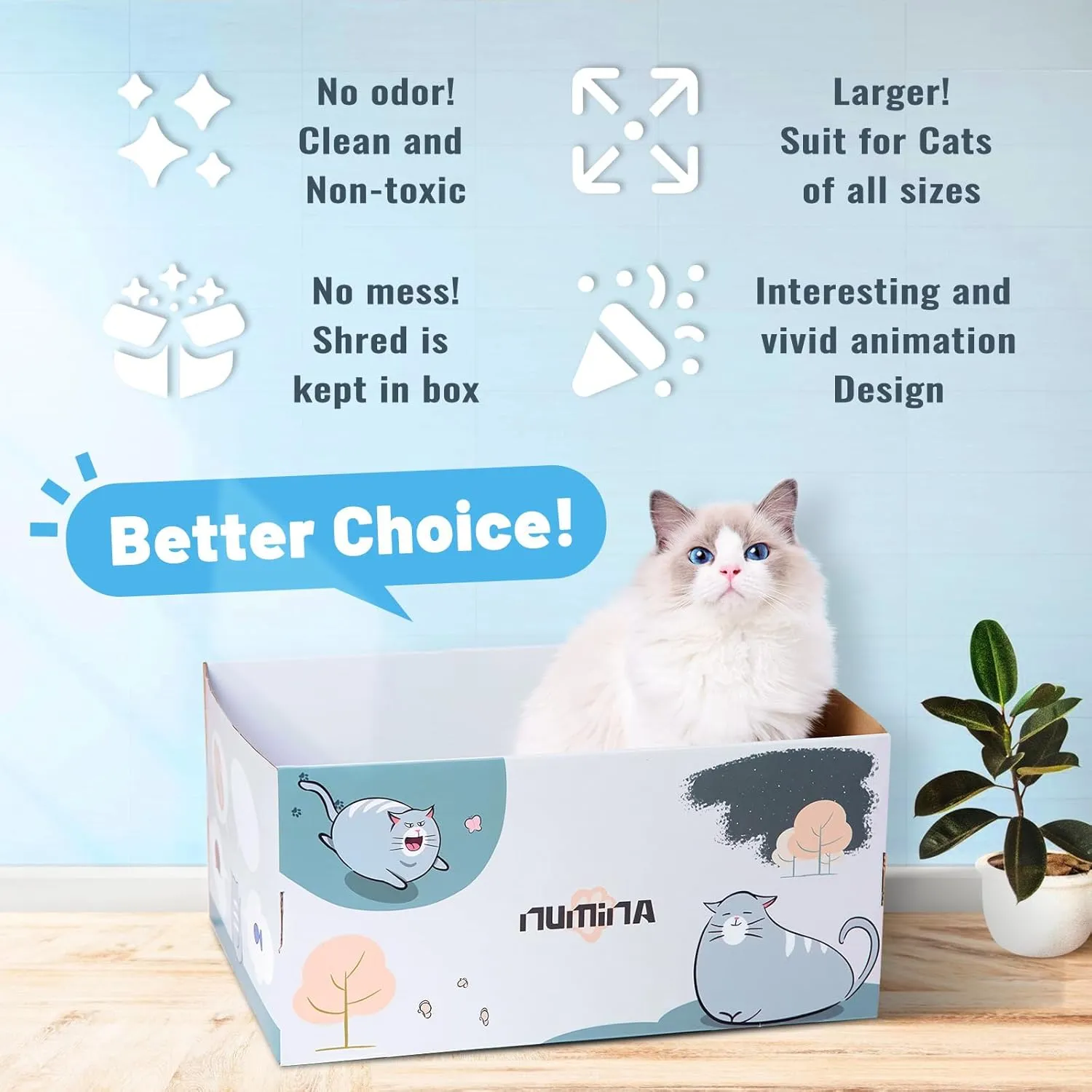 NUMINA Extra Large Cardboard Cat Scratcher Box for Indoor Cats, with Sturdy Refillable Double-Sided Cat Scratch Pad, Interesting and Cute Cat Scratch Bed with Catnip, 17"x13"x8.25"