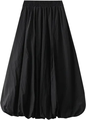 Oplxuo Women Y2K Bubble Maxi Skirt Elastic High Waisted Pleated Flowy A Line Long Puff Skirts Ruffle Hem Balloon Skirts