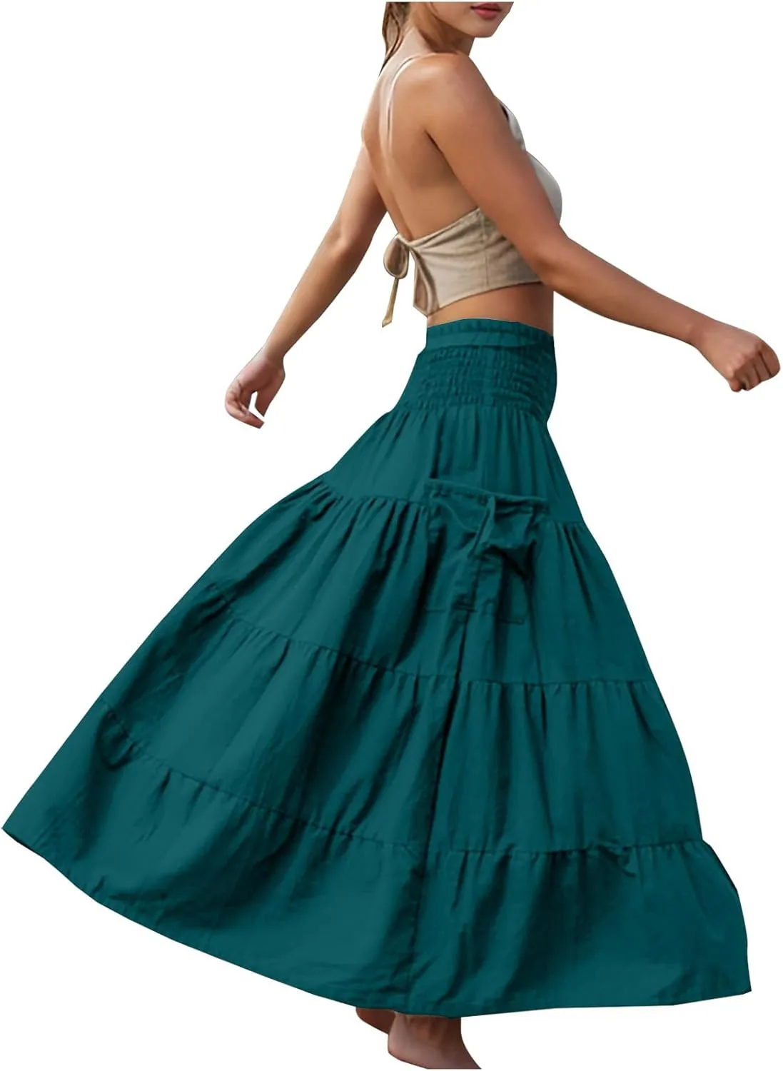 Oplxuo Women's Summer Boho Maxi Skirt A-Line Flowy Ruffle Tiered Smocked Elastic High Waist Beach Long Skirts with Pockets