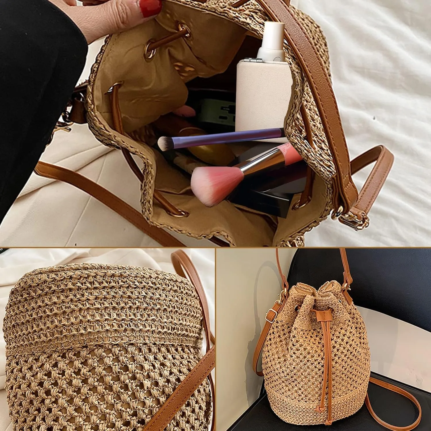 Orgonite Bucket Straw Handbag, Handmade Tote Bag with Pearl Flower, Beach Woven Bag Rattan Basket Purse Drawstring for Women