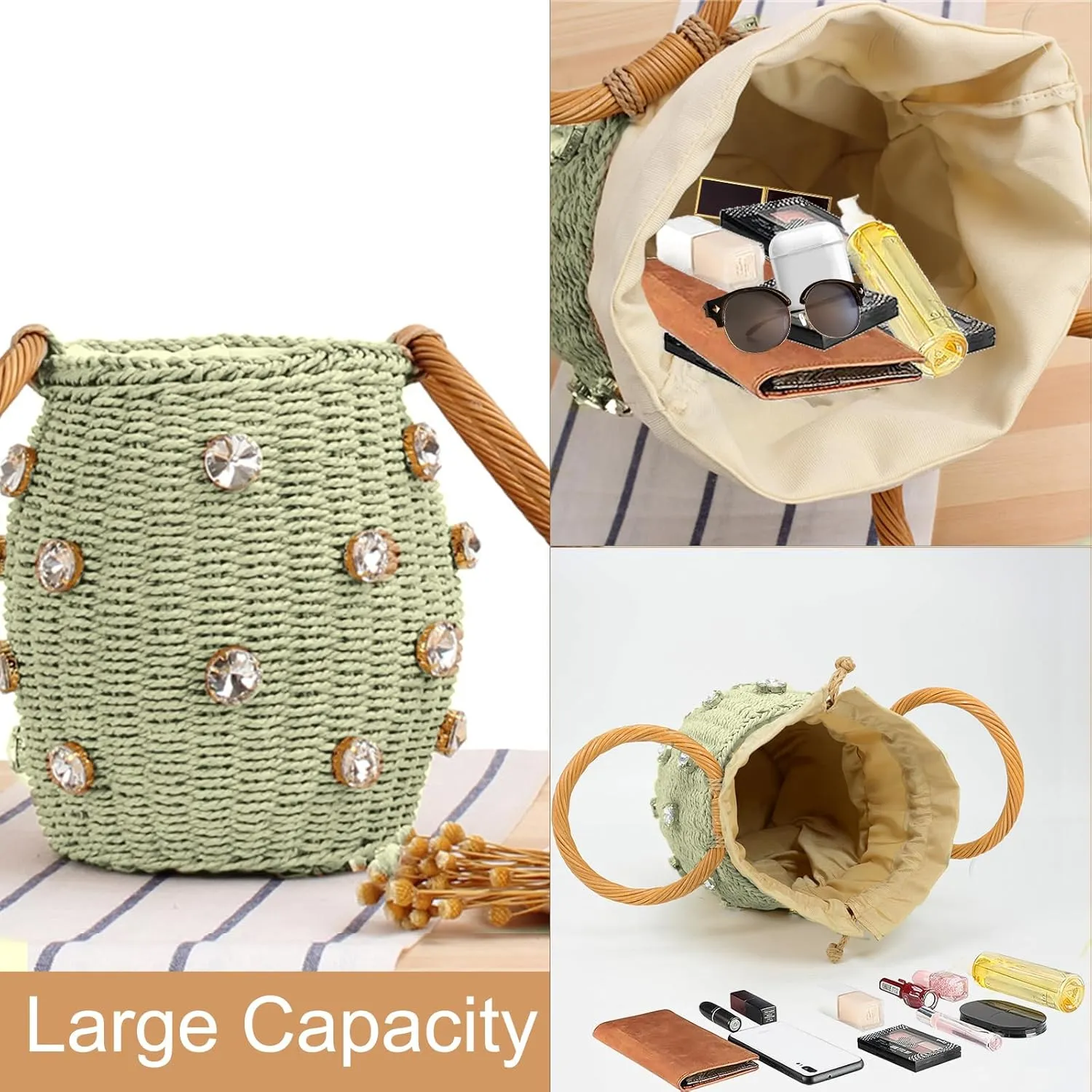 Orgonite Bucket Straw Handbag, Handmade Tote Bag with Pearl Flower, Beach Woven Bag Rattan Basket Purse Drawstring for Women