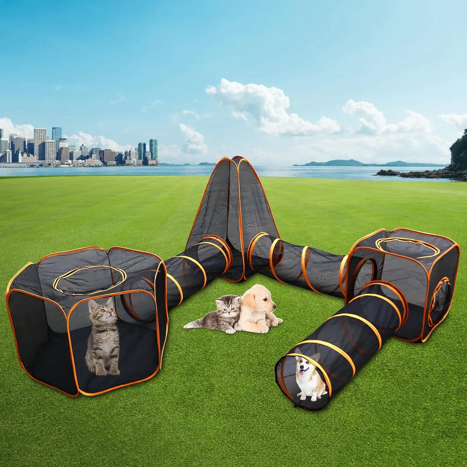 Outdoor Cat Enclosures 6-in-1 Portable Tent with Tunnel Portable Pop-Up Mesh Tents Collapsible Compound Pet Play House Playpen Play Tents for Outdoor Small Animals DIY in Multiple Ways