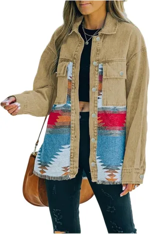 Oversized Denim Jacket Women Aztec Jean Jackets Distressed Long Sleeve Vintage Button Down Denim Shacket Coat Pockets