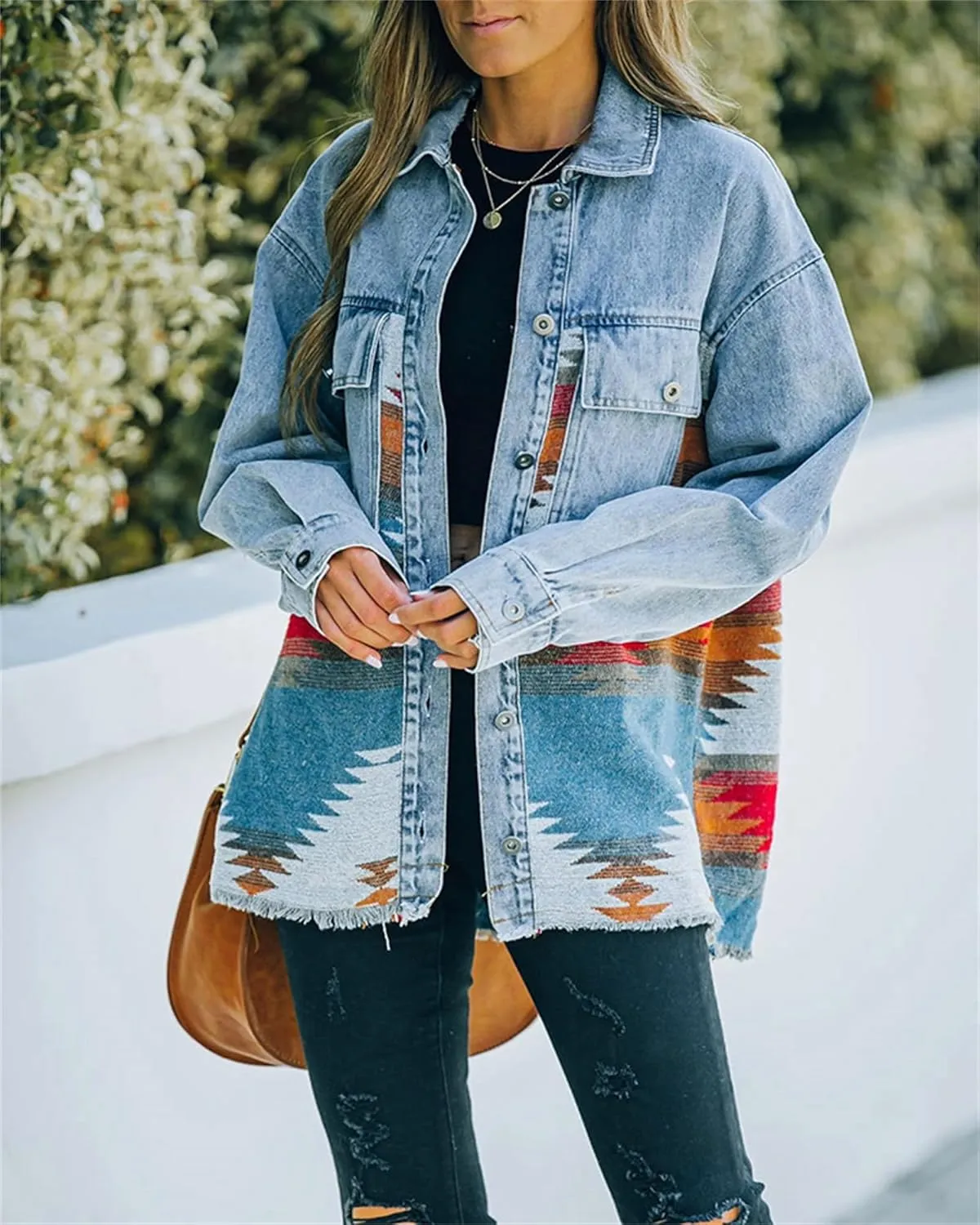 Oversized Denim Jacket Women Aztec Jean Jackets Distressed Long Sleeve Vintage Button Down Denim Shacket Coat Pockets